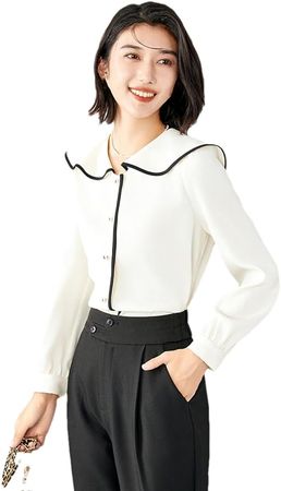 Women's Long Sleeve Blouse Autumn Contrast Collared Chiffon Tops Relaxed Fit Straight-Cut Shirts at Amazon Women’s Clothing store