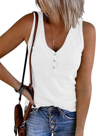 MEROKEETY Womens 2022 Casual Tank Tops Summer Solid Color Ribbed Sleeveless Basic Shirts White at Amazon Women’s Clothing store