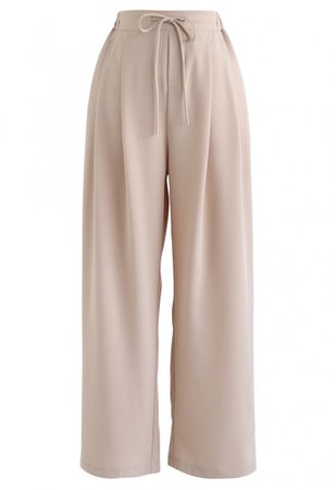 Drawstring High-Waisted Wide-Leg Pants in Sand - Pants - BOTTOMS - Retro, Indie and Unique Fashion