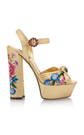 Dolce and Gabbana Gold Knotted Floral Print Metallic Leather Platform Sandals