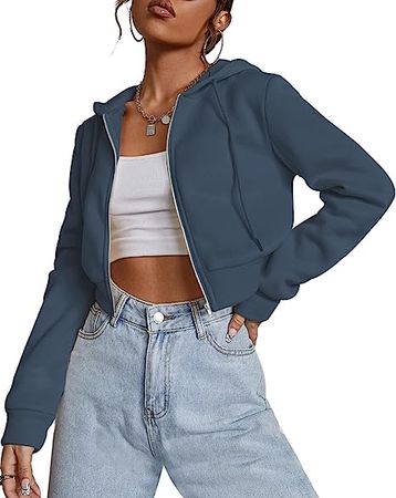 Fessceruna Women Crop Tops Zip Up Hoodies Drawstring Casual Long Sleeve Basic Cropped Sweatshirt at Amazon Women’s Clothing store