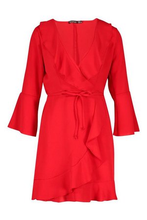Ruffle Detail Wrap Dress | Boohoo red