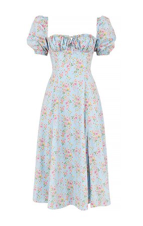Clothing : Midi Dresses : 'Tallulah' Blue Vintage Floral Puff Sleeve Midi Dress