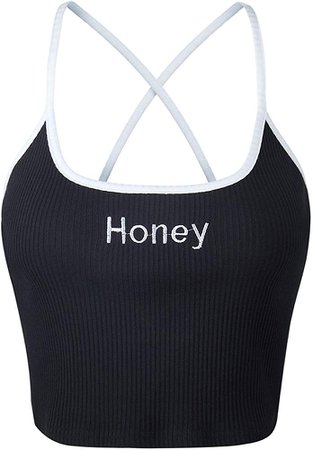 AYIYO Women's Sexy Honey Printed Tank Crop Top Shirt (S, Black) at Amazon Women’s Clothing store