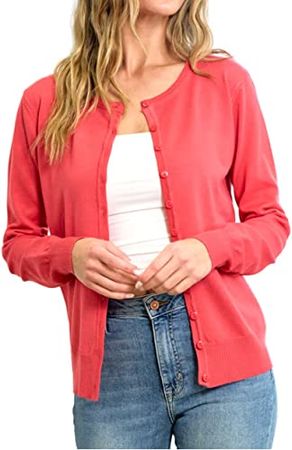 ORANGE SUNSET Women's Crew Neck Button Down Lightweight Long Sleeve Soft Basic Knit Cardigan Sweater at Amazon Women’s Clothing store