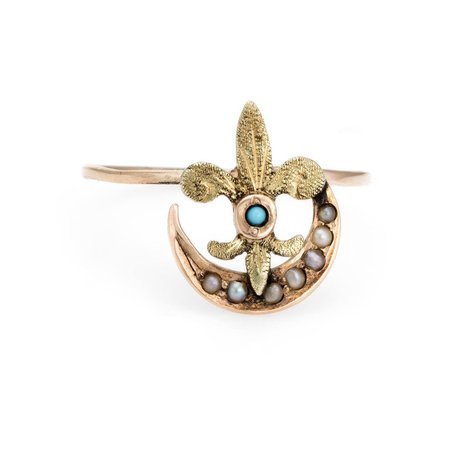 Victorian Conversion Ring Fleur de Lis Pearl Crescent Moon Star 14 Karat Gold For Sale at 1stdibs