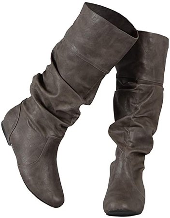Amazon.com | PASLTER Womens Slouchy Flat Knee High Boot Wide Calf Round Toe Boots Riding Shoes Grey | Knee-High