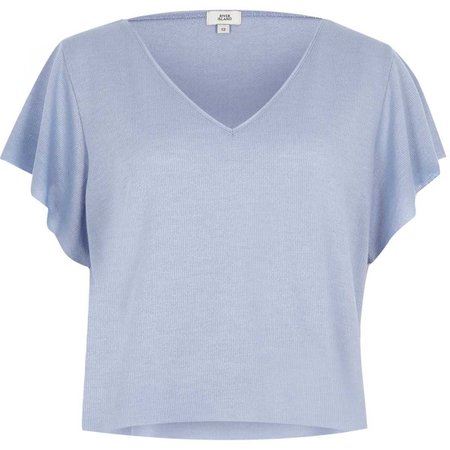 Light blue waffle cropped V neck T-shirt - Tops - Sale - women