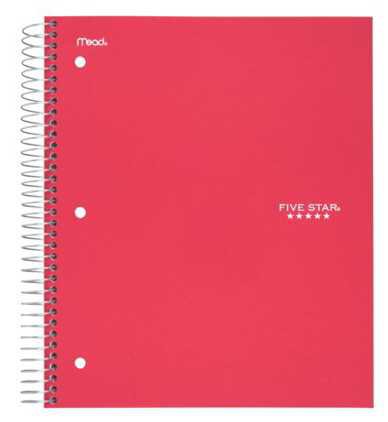 five star five subject notebook book spiral bound red