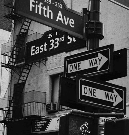 city black and white street signs