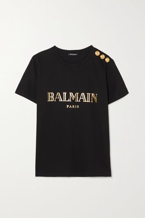 Black Button-embellished printed cotton-jersey T-shirt | Balmain | NET-A-PORTER