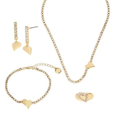 Steve Madden Heart 4-Pieces Necklace, Bracelet, Ring and Earring Set - Macy's