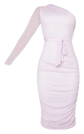 Lilac Mesh One Shoulder Tie Waist Midi Dress | PrettyLittleThing