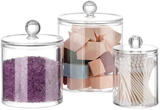 Amazon.com: Lucky Sail Bathroom Storage Box Acrylic Jar Organizer Makeup Box with Lid Qtip Holder Medicine Jar Accessories, for Cotton Ball, Bath Salt (3 Pack,10 Oz. & 20 Oz. & 30 Oz.): Home & Kitchen