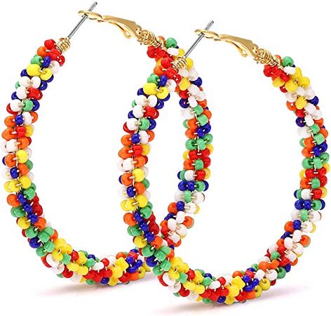 Amazon.com: CEALXHENY Beaded Hoop Earrings for Women Mixed Color Bead Dangle Earrings Bohemia Hoop Dangle Earring Studs for Girls (A Mixed Color): Clothing, Shoes & Jewelry