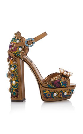 Jewel-Embellished Metallic Leather Platform Sandals by Dolce & Gabbana | Moda Operandi