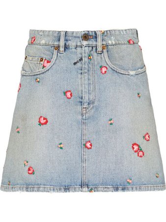 Miu Miu floral-embroidered Denim Skirt - Farfetch
