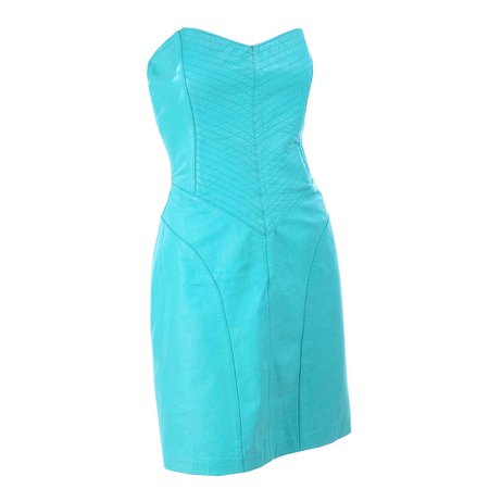 Vintage Strapless Turquoise Blue Green Leather 1980s Dress in Size 4/6 For Sale at 1stDibs