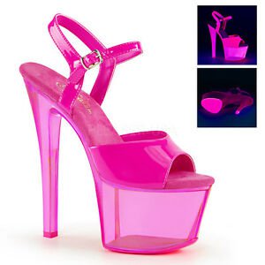 7" Neon Pink Clear Stripper Heels Platform Glow in the Dark Shoes size 7 8 9 10 | eBay
