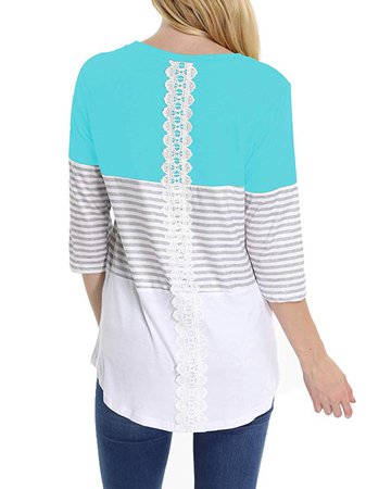 INWECH Women's Stretch Casual 3/4 Sleeve Color Block T-Shirt Tops Back Lace Striped Blouse Tee Shirts (Sky Blue, X-Large) at Amazon Women’s Clothing store