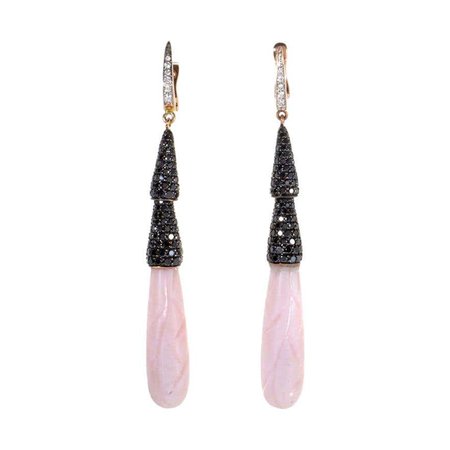 18 Karat Rose Gold Pink Quartz and Black Diamond Drop Earrings For Sale at 1stDibs