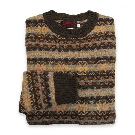 O'Connell's Scottish Shetland Fair Isle Sweater - Brown & Gold - Men's Clothing, Traditional Natural shouldered clothing, preppy apparel