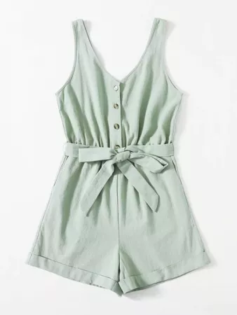 Buttoned Front Self Belted Romper | SHEIN USA