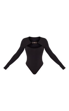 Black Jersey Hardware Cut Out Long Sleeve Bodysuit | PrettyLittleThing USA