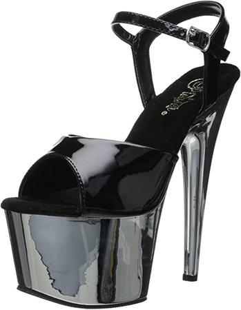 (Black Patent/Silver) Pleaser Women's Adore-709 Ankle-Strap Sandal, Black Patent/Silver Chrome, 8 M US | Platforms & Wedges