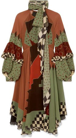 Asymmetric Printed Silk-georgette Midi Dress - Brown