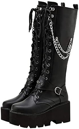 Amazon.com | Parisuit Women's Knee High Goth Platform Buckle Boots Chunky High Heel Lace Up Punk Combat Boots with Chain-Black Size 4 | Knee-High