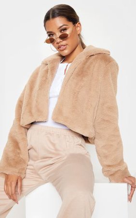 Stone Cropped Faux Fur Coat | Coats & Jackets | PrettyLittleThing