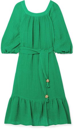 Laure Belted Linen-blend Gauze Midi Dress - Green