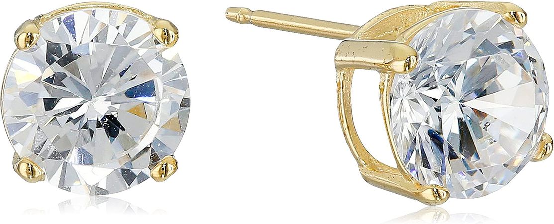 Amazon.com: Amazon Essentials Yellow Gold Plated Sterling Silver Round Cut Cubic Zirconia Stud Earrings (7.5mm) : Clothing, Shoes & Jewelry