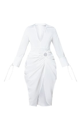 White Oversized Tie Cuff Ring Detail Midi Shirt Dress | PrettyLittleThing USA