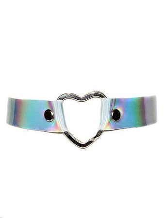 Holographic Hologram Silver Leather Heart Choker
