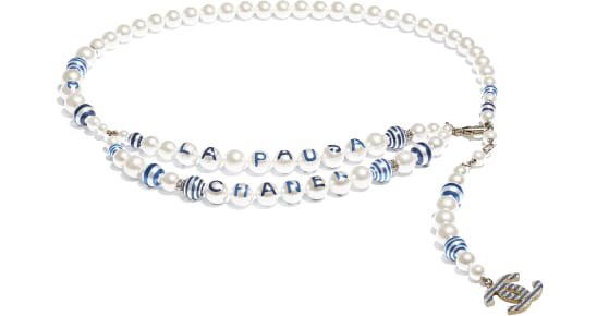 Belt, metal, glass pearls, strass & resin, gold, pearly white, crystal & blue - CHANEL