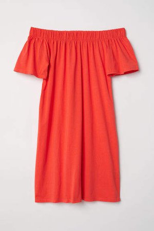 Off-the-shoulder Cotton Dress - Red