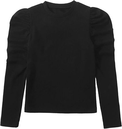 Floerns Girls Solid Puff Long Sleeve Round Neck Rib Knit Shirt Tee Top Black 6Y