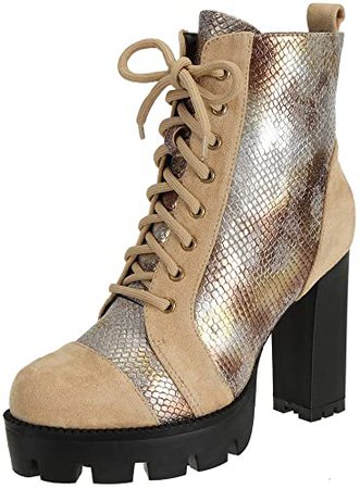 Amazon.com | SheSole Womens Lace Up Boots High Heels Platform Chunky Ankle Booties Apricot US 6 | Ankle & Bootie