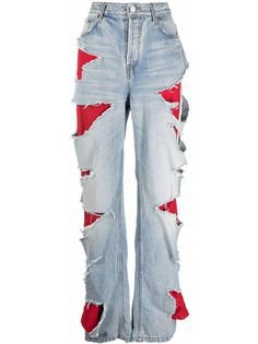 balenciaga ripped detail layered blue red denim jeans