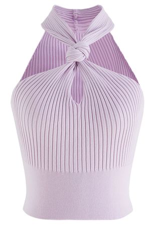 Knot Halter Neck Knit Crop Top in Lilac - Retro, Indie and Unique Fashion