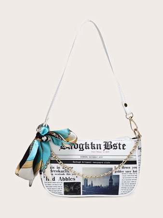 Twilly Scarf Decor Newspaper Pattern Baguette Bag | SHEIN USA