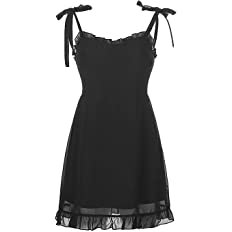 Goth Dark E-Girl Sweet Black Summer Mini Dresses Y2K Dress Spaghetti Straps Sleeveless Swing Skater Dress(S) at Amazon Women’s Clothing store