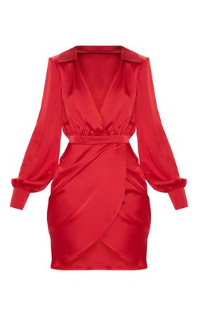 Red Satin Plunge Shoulder Pad Dress | Dresses | PrettyLittleThing USA