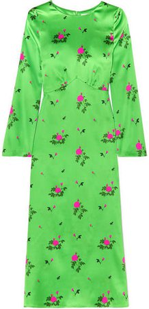 BERNADETTE - Neon Floral-print Silk-blend Satin Midi Dress - Green
