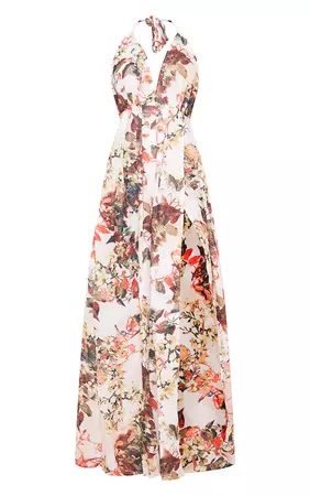 White Floral Print Chiffon Halterneck Maxi Dress | PrettyLittleThing USA