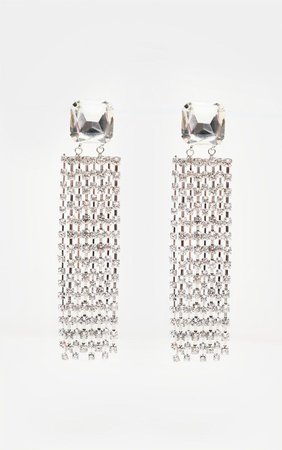 Silver Gemstone Chain Tassel Drop Earrings | PrettyLittleThing