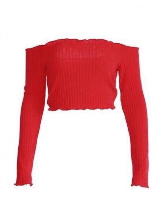 Red Off Shoulder Frill Trim Long Sleeve Ribbed Crop Top
