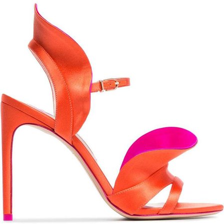 orange and pink Lucia 100 satin ruffle sandals